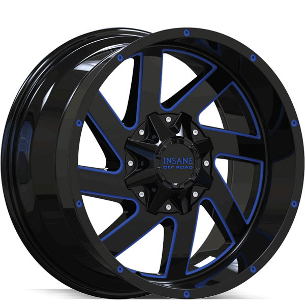 Insane Off-Road IO-12 Gloss Black with Blue Milled Spokes